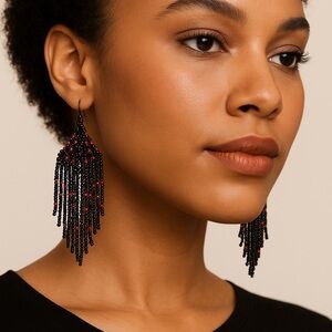 Chic Black and Red Beaded Dangle Earrings